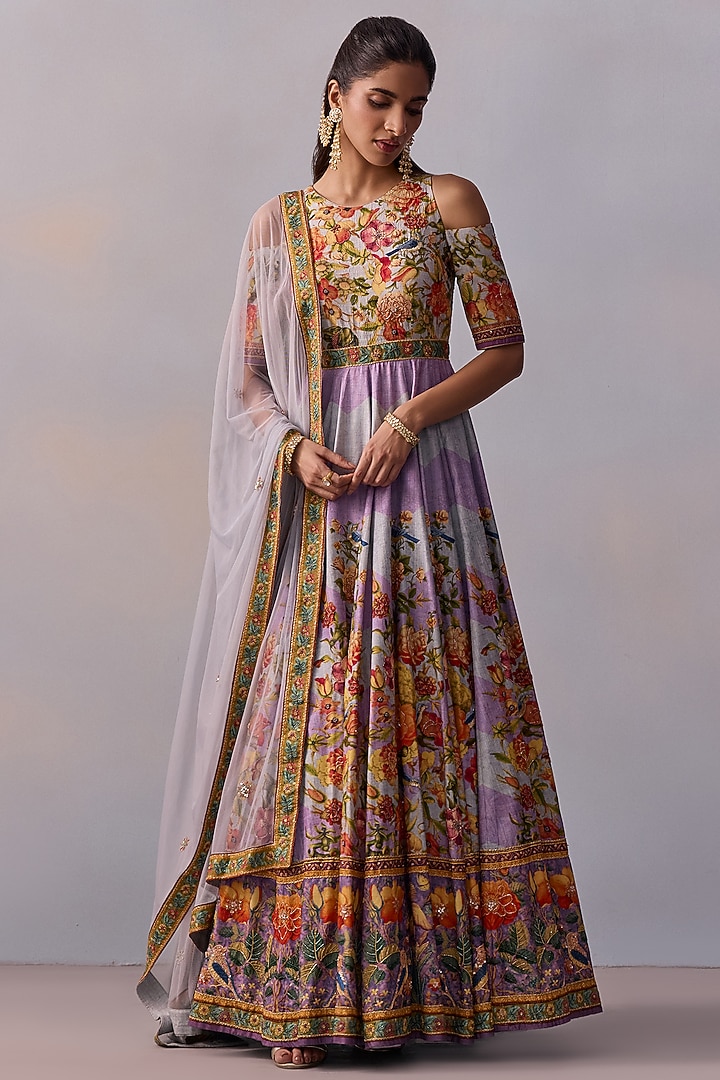 Violet Viscose Silk Bead Hand Embroidered Wedding Anarkali Set by Kalista at Pernia's Pop Up Shop