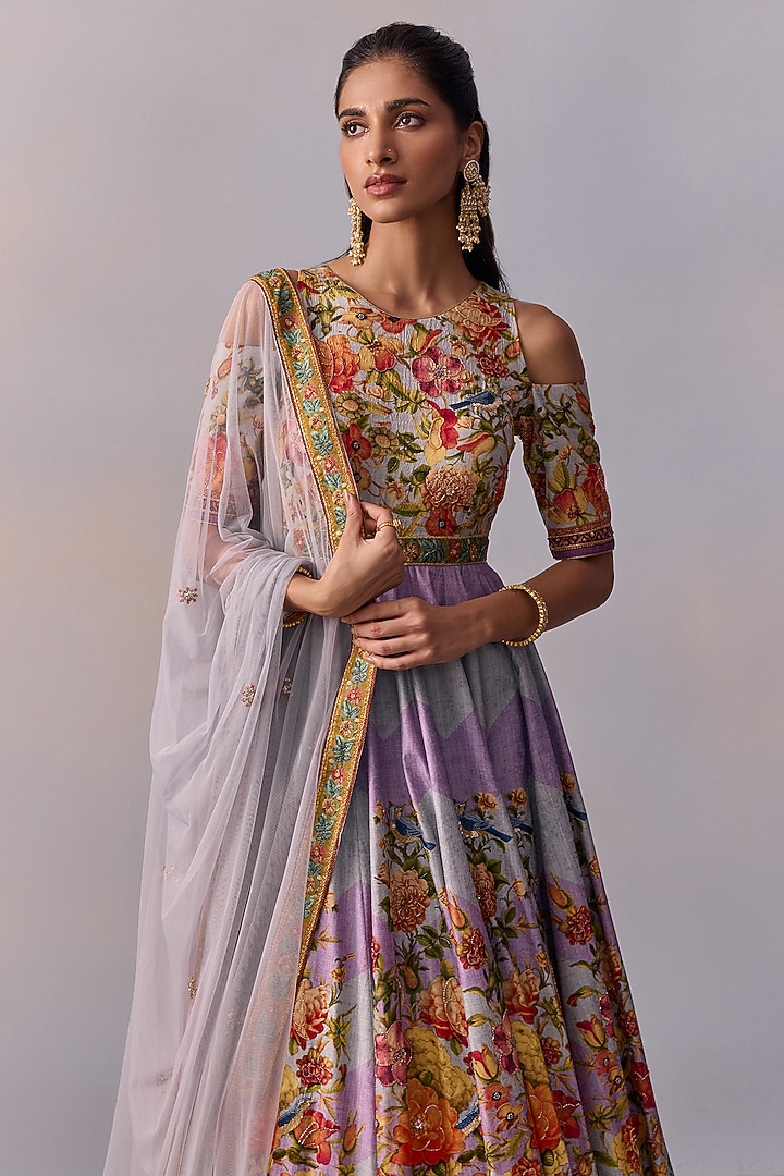 Violet Viscose Silk Bead Hand Embroidered Wedding Anarkali Set by Kalista at Pernia's Pop Up Shop