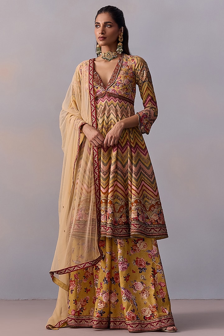 Multi-Colored Viscose Silk Floral Hand Embroidered Anarkali Set by Kalista at Pernia's Pop Up Shop