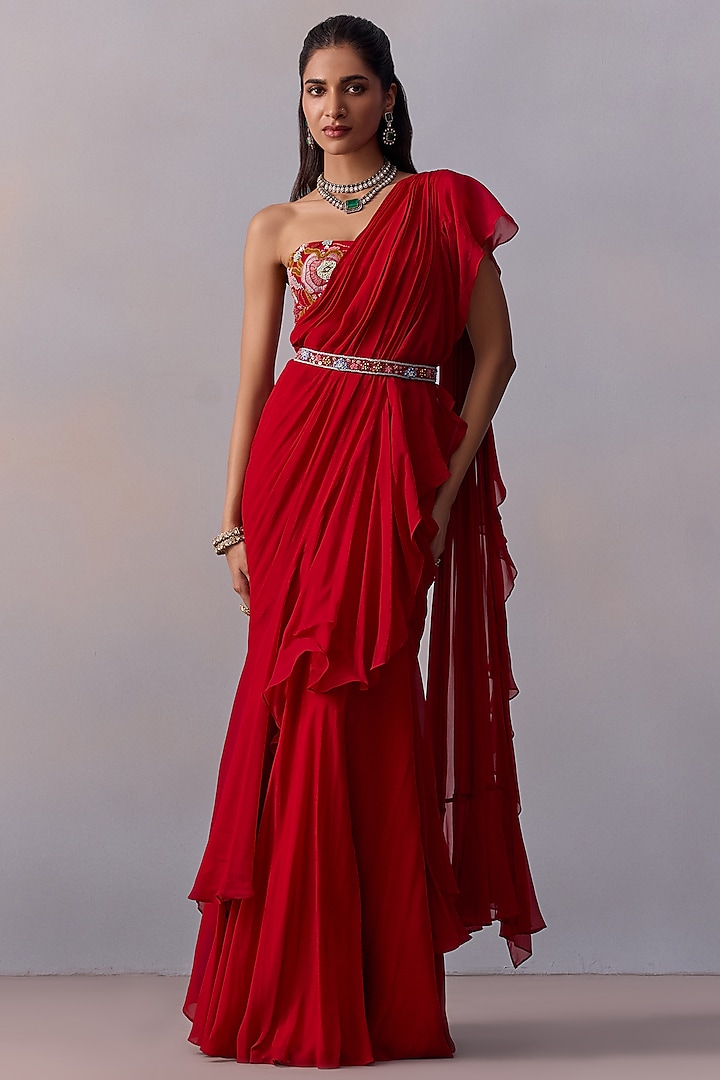 Red Viscose Chinon Pre-Draped Ruffled Saree Set by Kalista at Pernia's Pop Up Shop