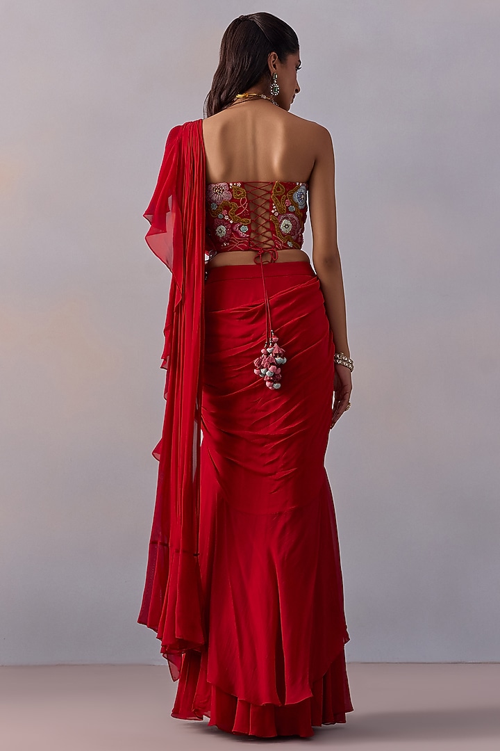 Red Viscose Chinon Pre-Draped Ruffled Wedding Saree Set by Kalista at Pernia's Pop Up Shop