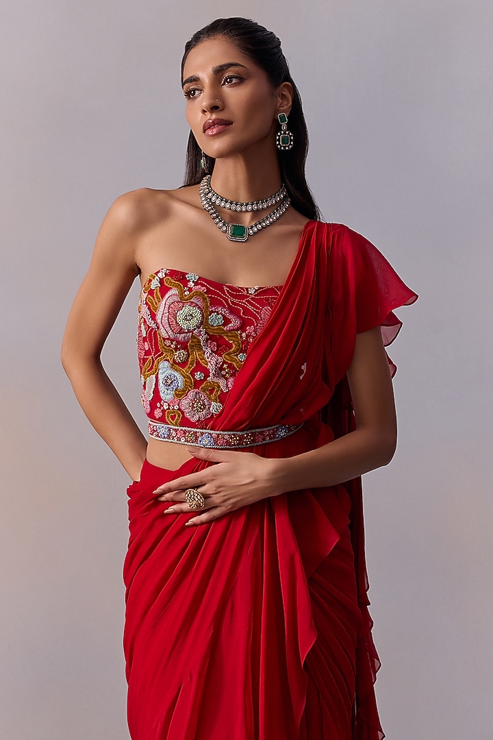 Red Viscose Chinon Pre-Draped Ruffled Wedding Saree Set by Kalista at Pernia's Pop Up Shop
