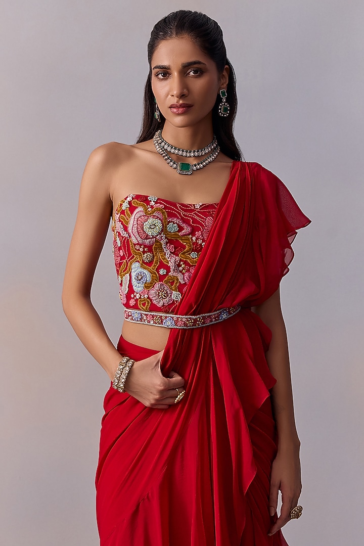 Red Viscose Chinon Pre-Draped Ruffled Wedding Saree Set by Kalista at Pernia's Pop Up Shop