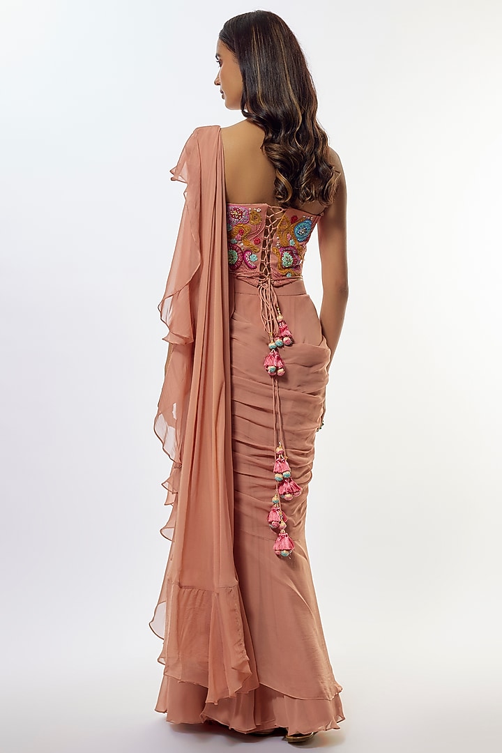 Beige Viscose Chinon Pre-Draped Wedding Saree Set by Kalista at Pernia's Pop Up Shop