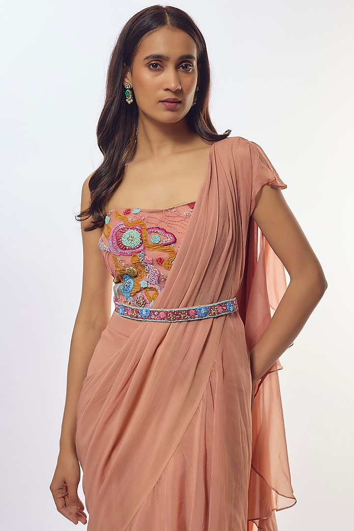 Beige Viscose Chinon Pre-Draped Wedding Saree Set by Kalista at Pernia's Pop Up Shop