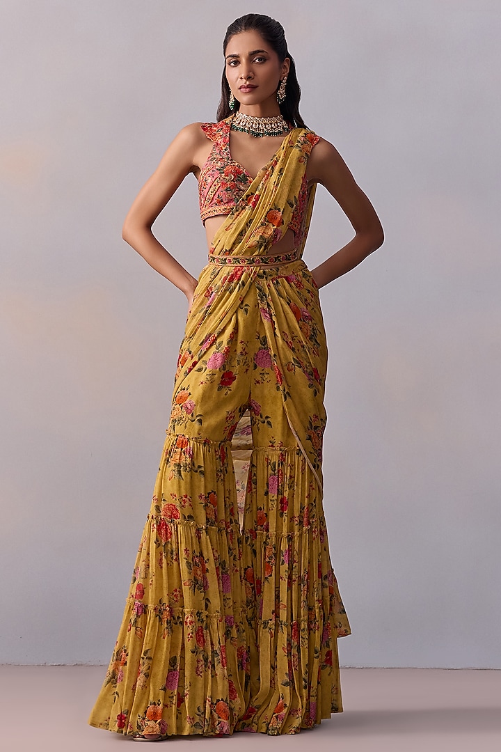 Yellow Viscose Chinon Floral Printed Pre-Draped Gharara Pant Saree Set by Kalista at Pernia's Pop Up Shop