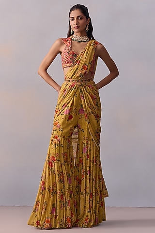 Yellow Viscose Chinon Floral Printed Pre-Draped Gharara Pant Saree Set by Kalista