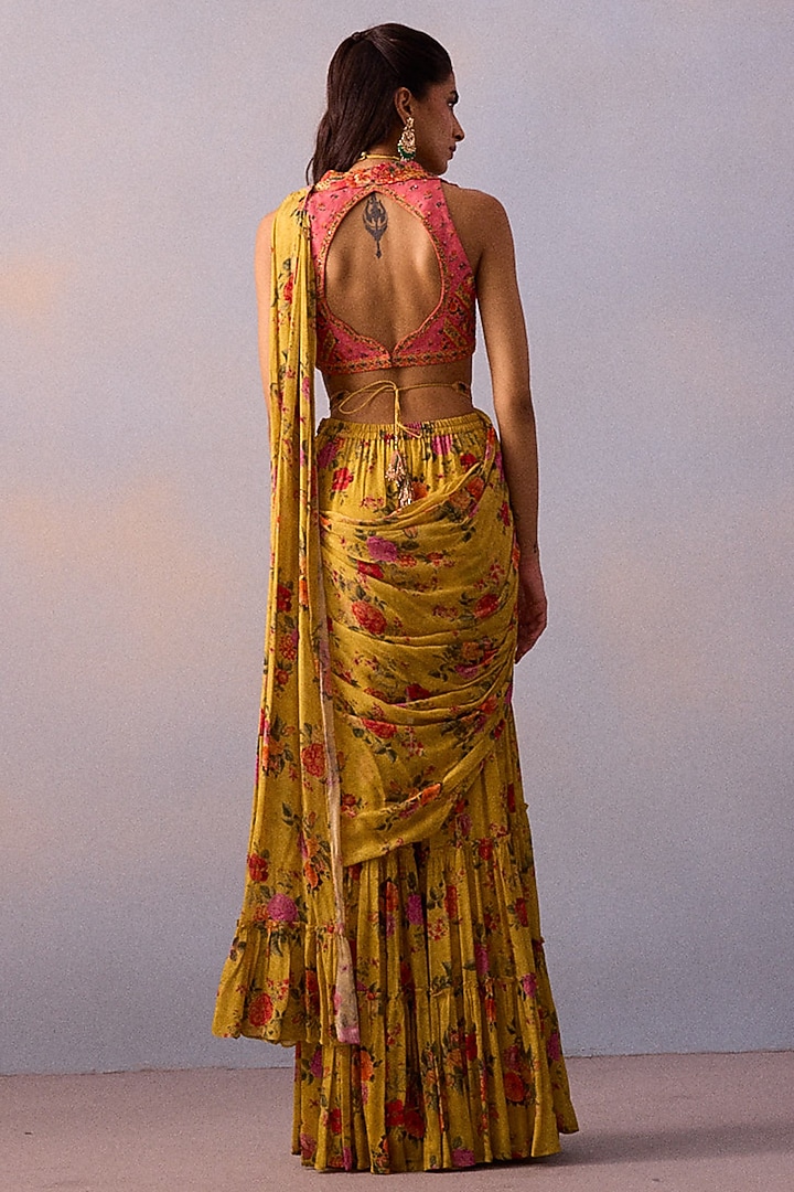 Yellow Viscose Chinon Floral Printed Pre-Draped Gharara Pant Wedding Saree Set by Kalista at Pernia's Pop Up Shop