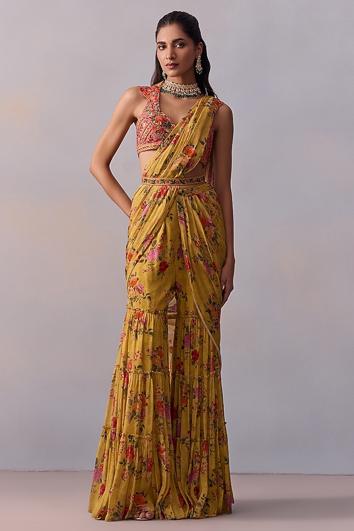 Yellow Viscose Chinon Floral Printed Pre-Draped Gharara Pant Wedding Saree Set by Kalista at Pernia's Pop Up Shop