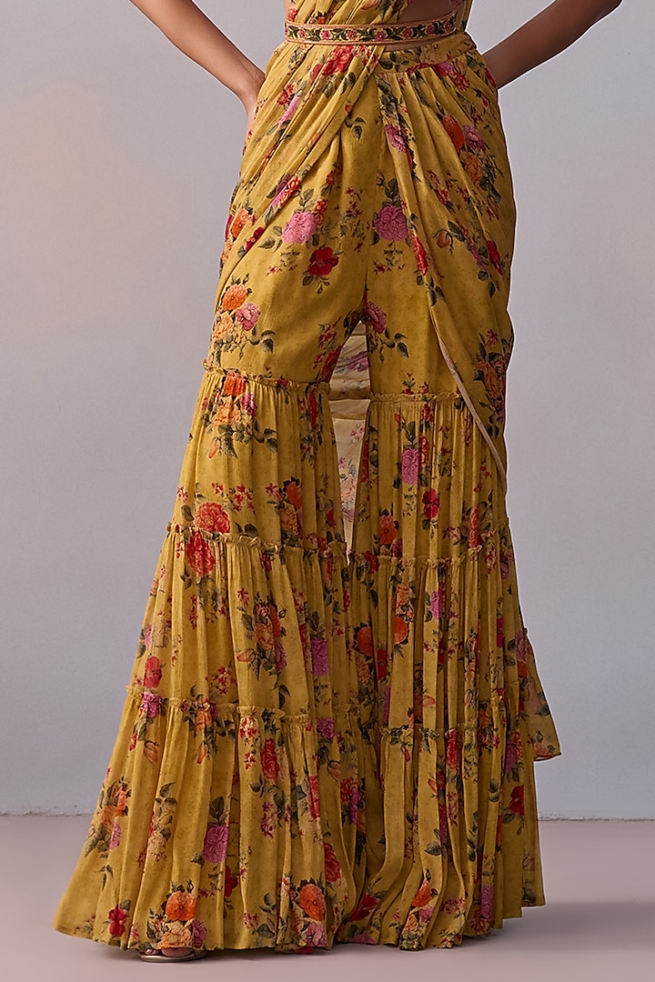 Yellow Viscose Chinon Floral Printed Pre-Draped Gharara Pant Wedding Saree Set by Kalista at Pernia's Pop Up Shop