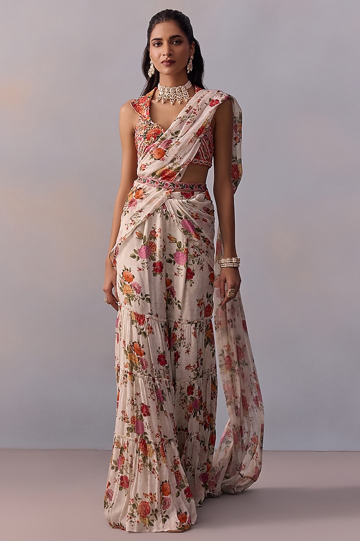 Ivory Viscose Chinon Floral Printed Pre-Draped Gharara Pant Wedding Saree Set by Kalista at Pernia's Pop Up Shop