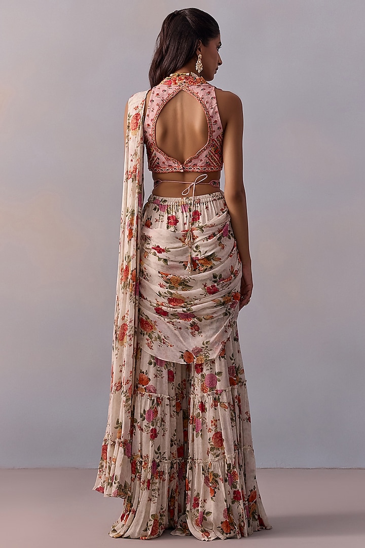 Ivory Viscose Chinon Floral Printed Pre-Draped Gharara Pant Wedding Saree Set by Kalista at Pernia's Pop Up Shop