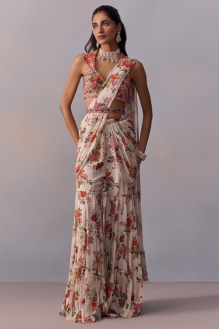 Ivory Viscose Chinon Floral Printed Pre-Draped Gharara Pant Wedding Saree Set by Kalista at Pernia's Pop Up Shop