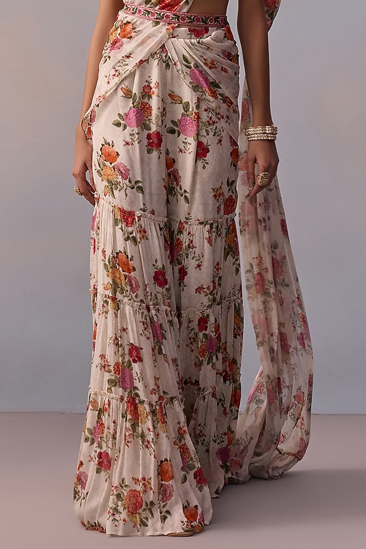 Ivory Viscose Chinon Floral Printed Pre-Draped Gharara Pant Wedding Saree Set by Kalista at Pernia's Pop Up Shop
