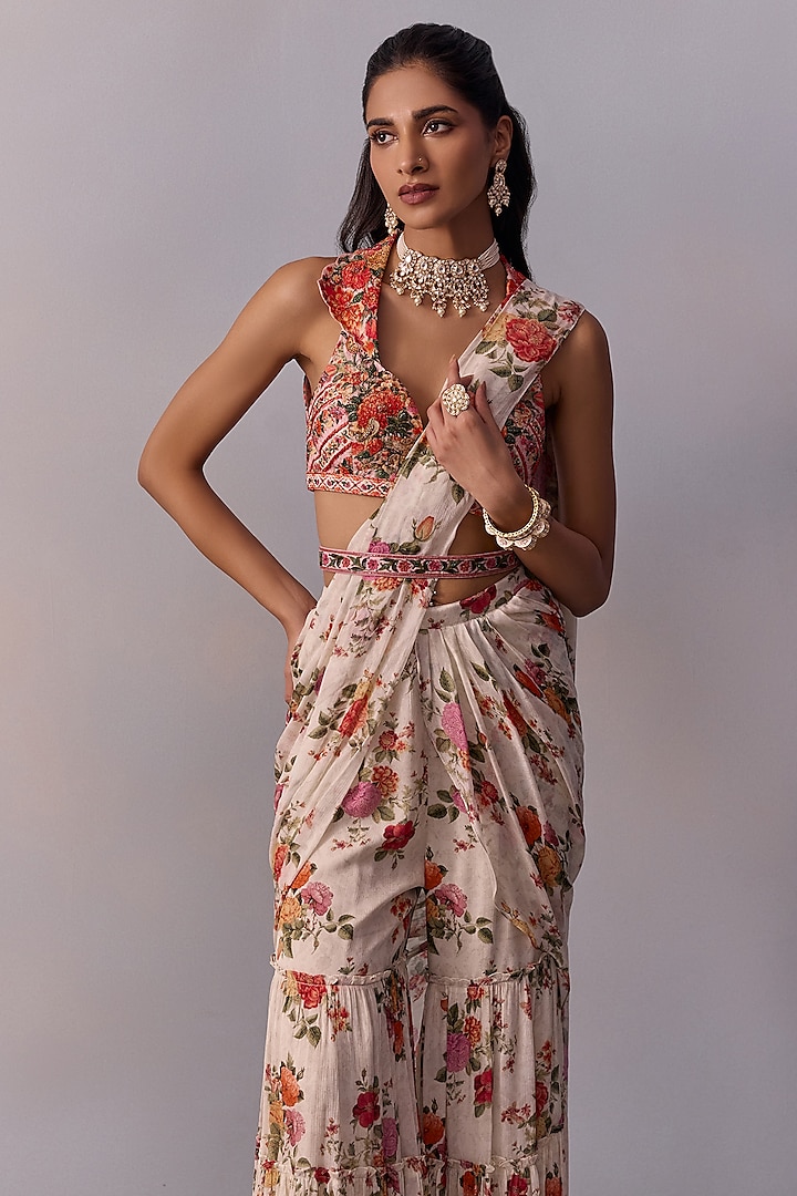 Ivory Viscose Chinon Floral Printed Pre-Draped Gharara Pant Wedding Saree Set by Kalista at Pernia's Pop Up Shop