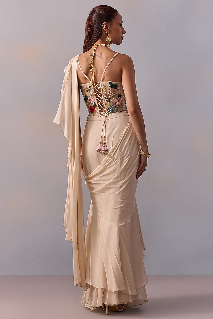Ivory Viscose Chinon Pre-Draped Ruffled Wedding Saree Set by Kalista at Pernia's Pop Up Shop