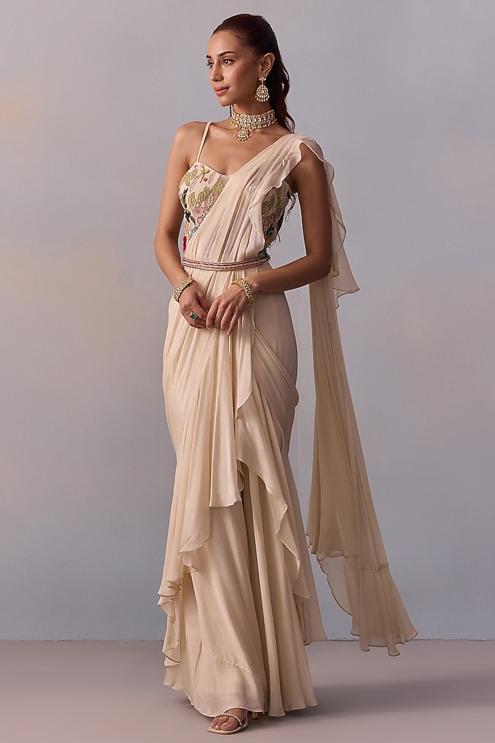 Ivory Viscose Chinon Pre-Draped Ruffled Wedding Saree Set by Kalista at Pernia's Pop Up Shop