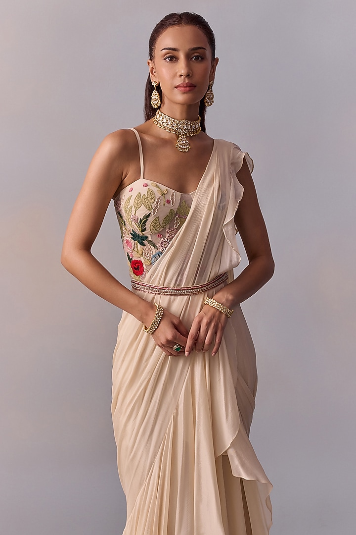 Ivory Viscose Chinon Pre-Draped Ruffled Wedding Saree Set by Kalista at Pernia's Pop Up Shop