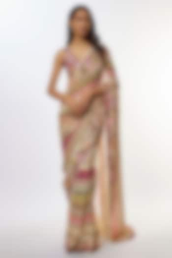 Beige Viscose Chinon Saree Set by Kalista at Pernia's Pop Up Shop