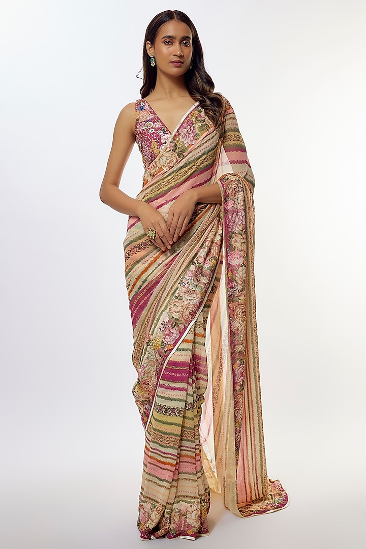 Beige Viscose Chinon Saree Set by Kalista at Pernia's Pop Up Shop