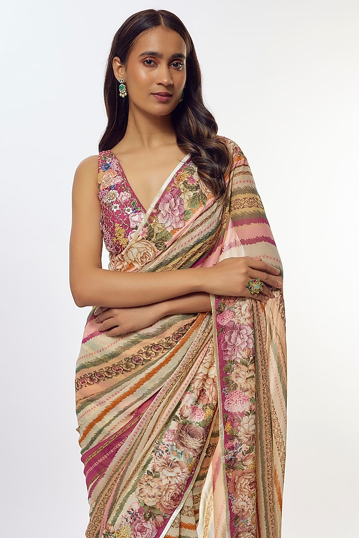 Beige Viscose Chinon Wedding Saree Set by Kalista at Pernia's Pop Up Shop