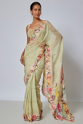 Mint Green Viscose Saree Set by Kalista