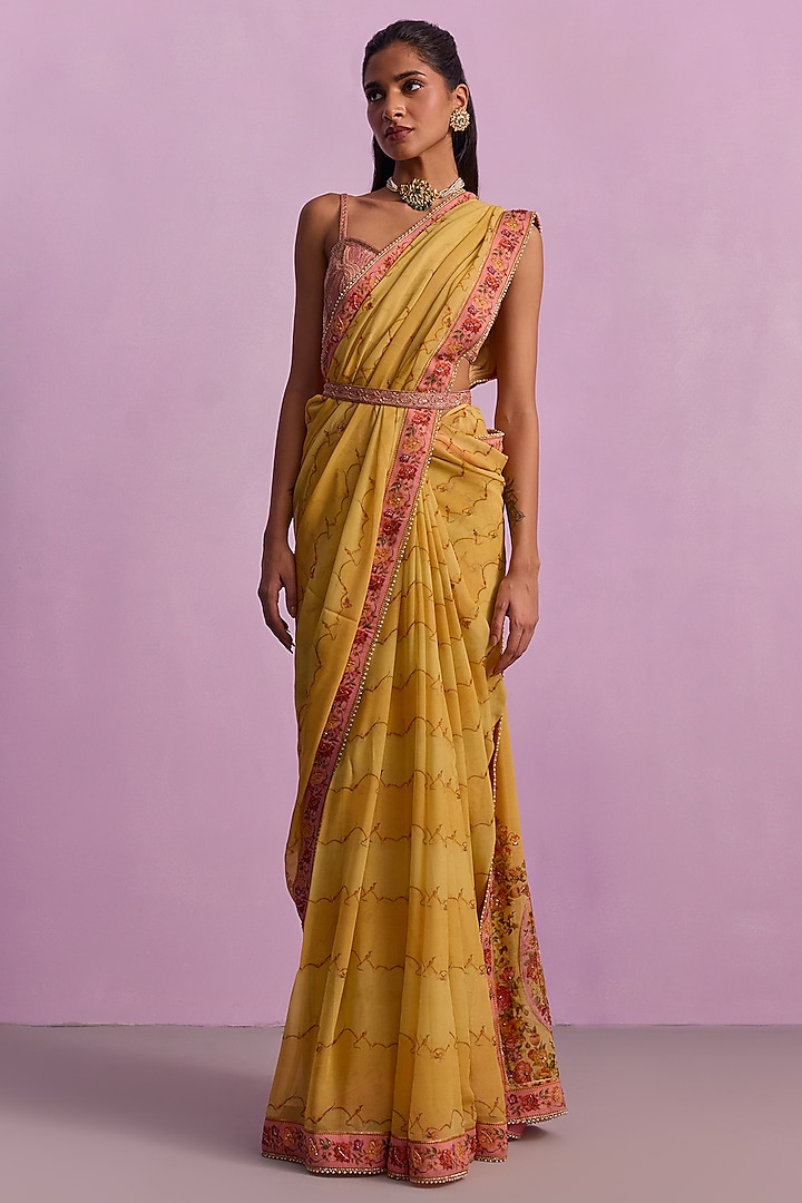 Yellow Viscose Georgette Floral Printed Wedding Saree Set by Kalista at Pernia's Pop Up Shop