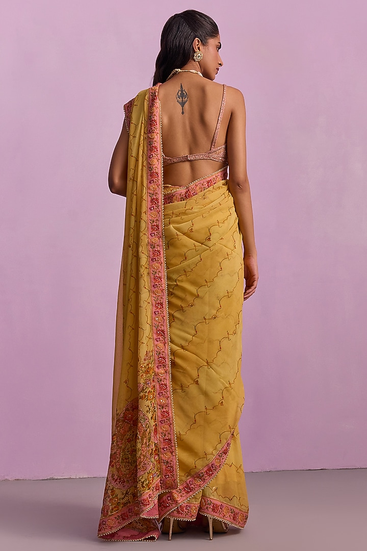 Yellow Viscose Georgette Floral Printed Wedding Saree Set by Kalista at Pernia's Pop Up Shop