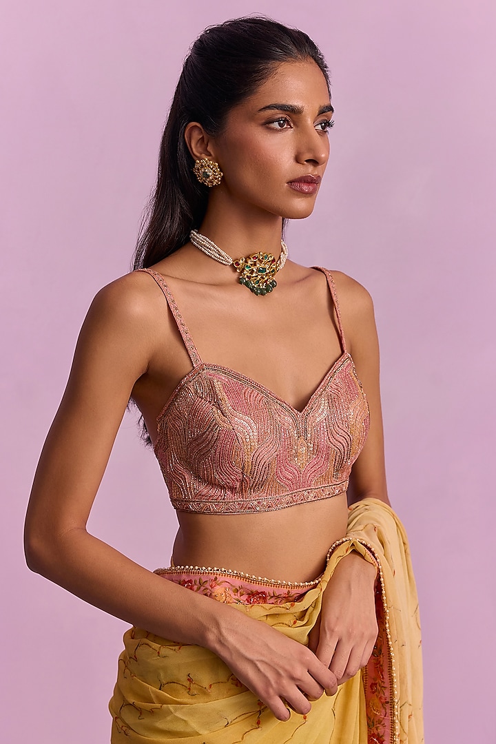Yellow Viscose Georgette Floral Printed Wedding Saree Set by Kalista at Pernia's Pop Up Shop