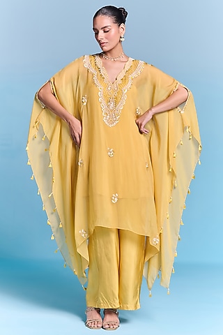 Sunflower Yellow Organza Sequins Embroidered Kaftan Set by Kalista