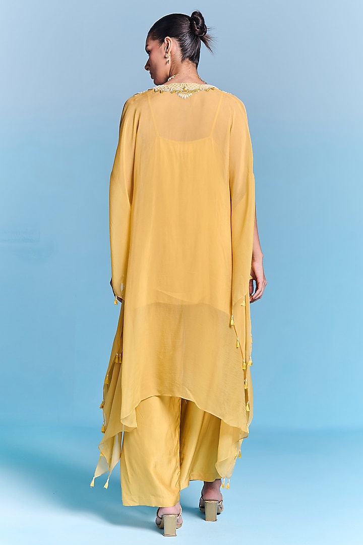 Sunflower Yellow Organza Sequins Embroidered Kaftan Set by Kalista at Pernia's Pop Up Shop