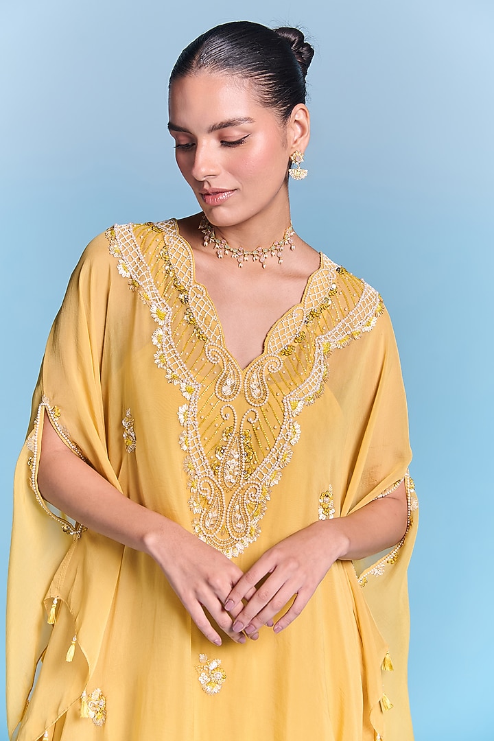 Sunflower Yellow Organza Sequins Embroidered Kaftan Set by Kalista at Pernia's Pop Up Shop
