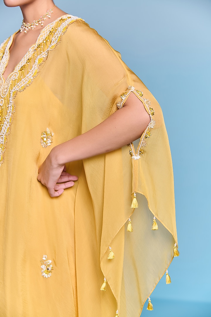Sunflower Yellow Organza Sequins Embroidered Kaftan Set by Kalista at Pernia's Pop Up Shop