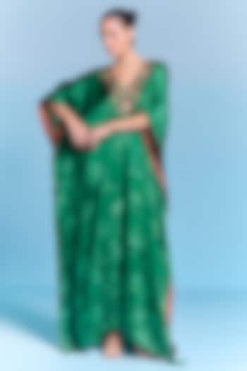Emerald Green Viscose Satin Hand Embroidered Kaftan by Kalista at Pernia's Pop Up Shop