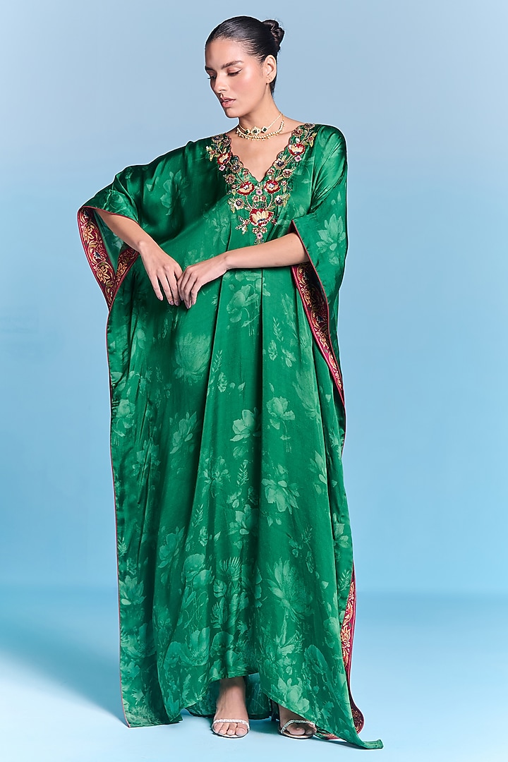 Emerald Green Viscose Satin Hand Embroidered Kaftan by Kalista at Pernia's Pop Up Shop