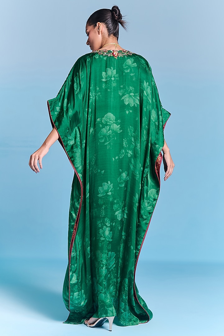 Emerald Green Viscose Satin Hand Embroidered Kaftan by Kalista at Pernia's Pop Up Shop
