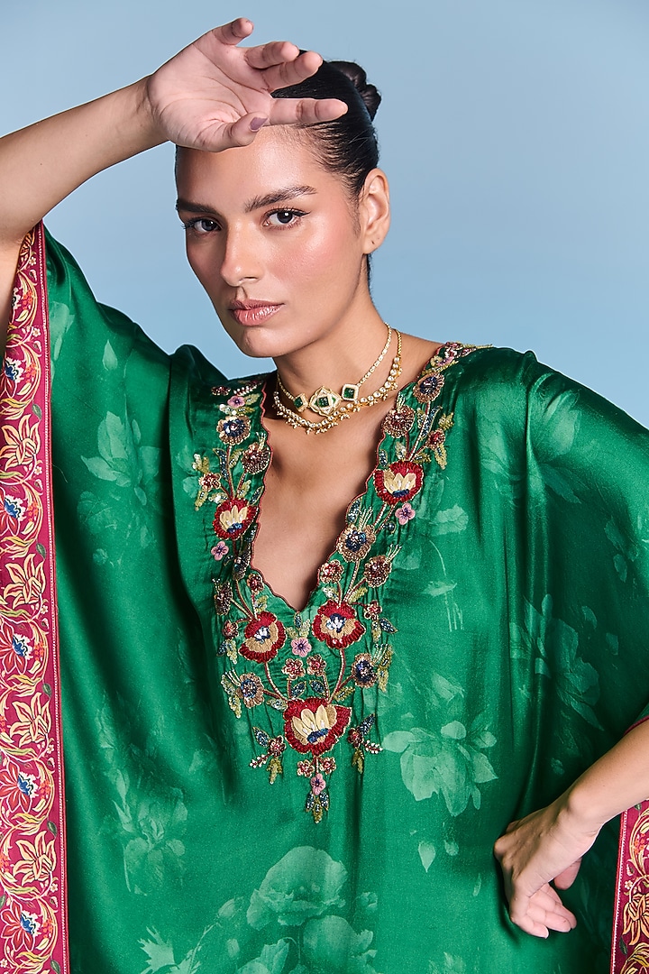 Emerald Green Viscose Satin Hand Embroidered Kaftan by Kalista at Pernia's Pop Up Shop