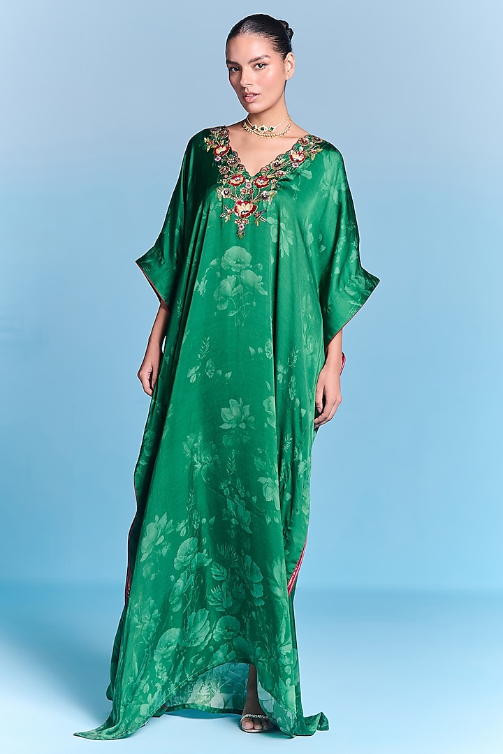 Emerald Green Viscose Satin Hand Embroidered Kaftan by Kalista at Pernia's Pop Up Shop