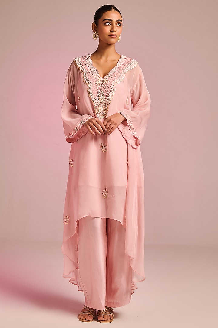 Powder Pink Organza Sequins Embroidered A-Line Kaftan Set by Kalista at Pernia's Pop Up Shop
