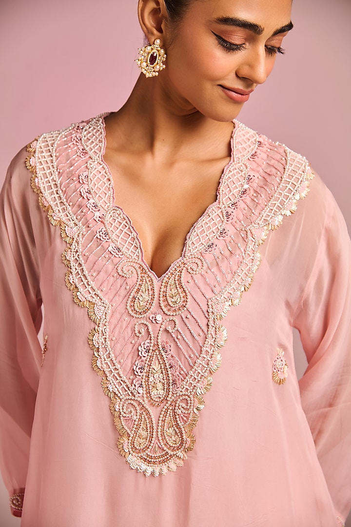 Powder Pink Organza Sequins Embroidered A-Line Kaftan Set by Kalista at Pernia's Pop Up Shop