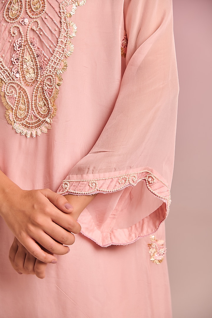Powder Pink Organza Sequins Embroidered A-Line Kaftan Set by Kalista at Pernia's Pop Up Shop