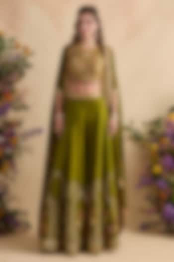 Olive Green Viscose Silk Flared Wedding Sharara Set by Kalista at Pernia's Pop Up Shop