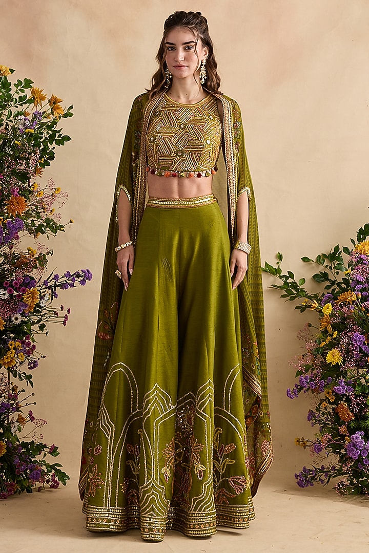 Olive Green Viscose Silk Flared Wedding Sharara Set by Kalista at Pernia's Pop Up Shop