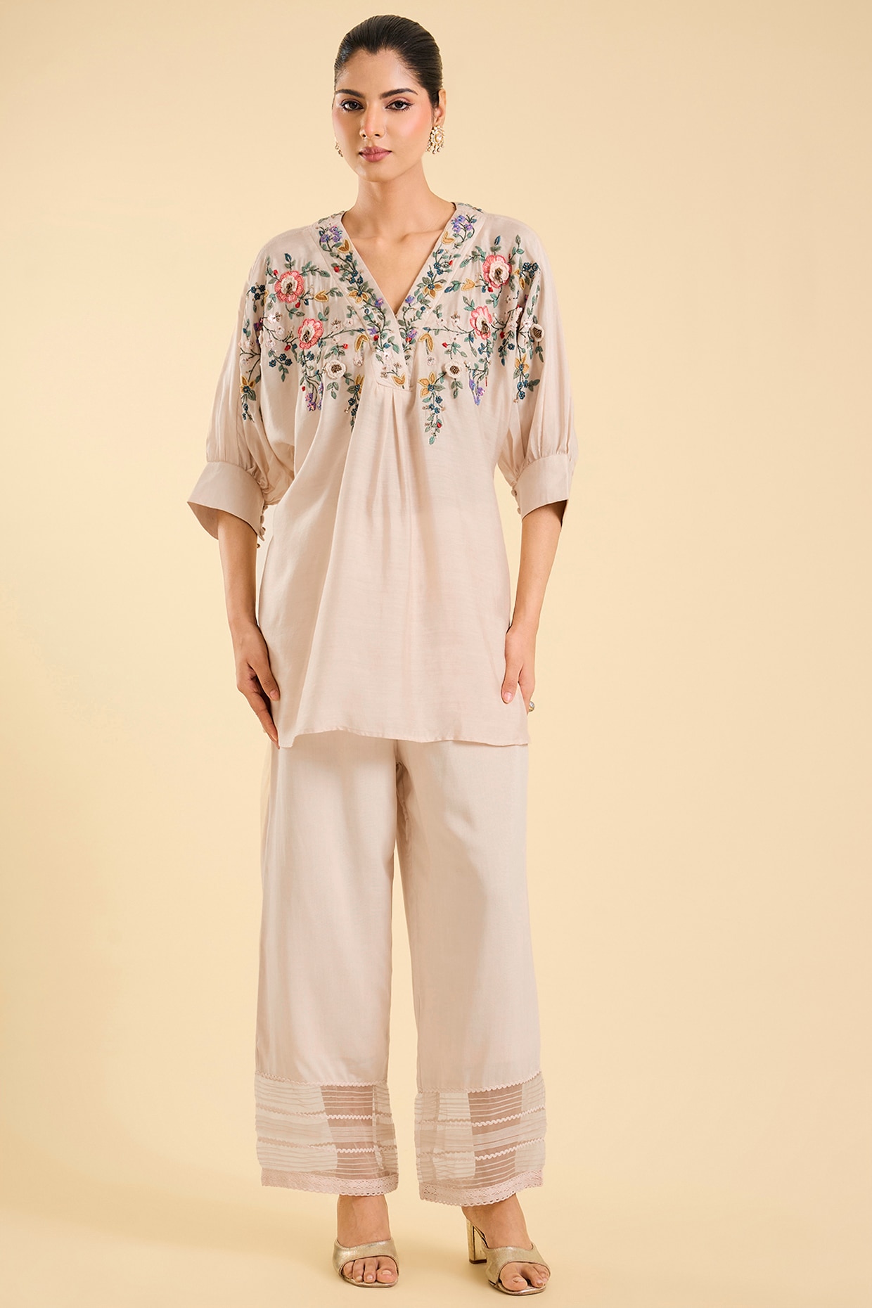 Kalista Ivory Cotton Silk Floral Embroidered Co-Ord Set
