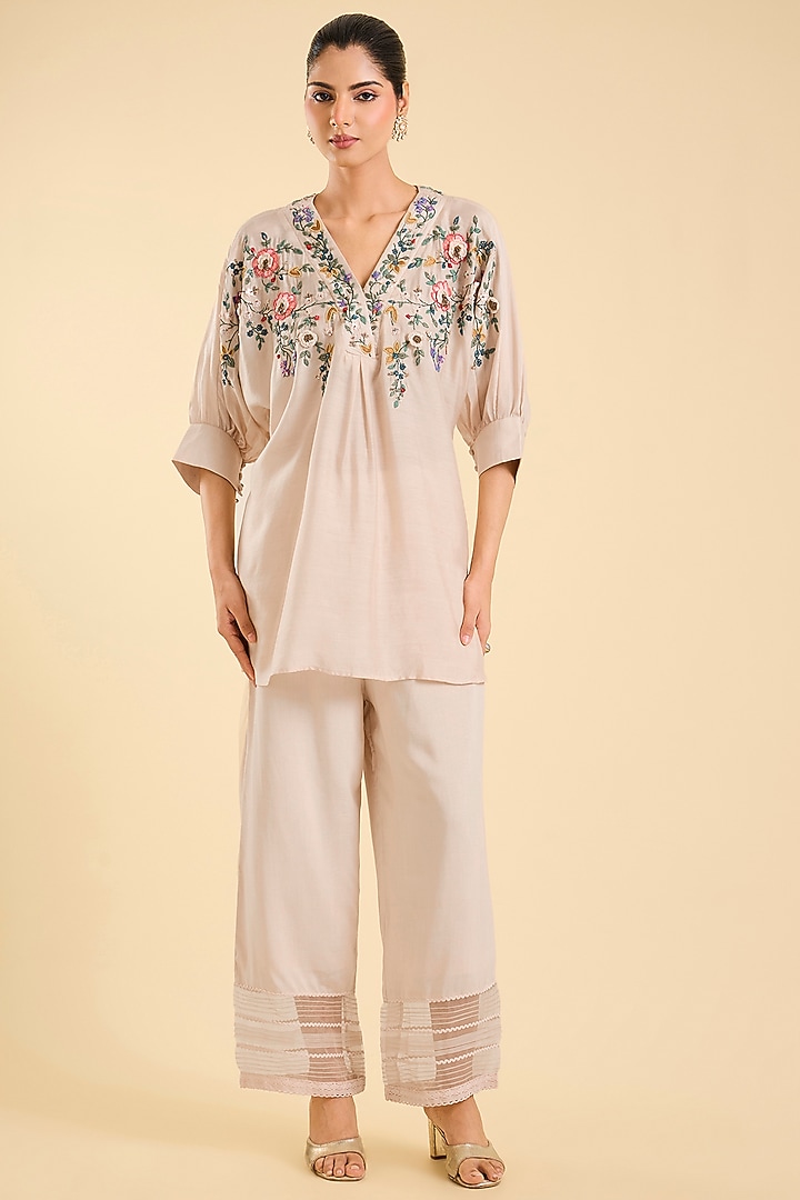 Ivory Cotton Silk Floral Embroidered Co-Ord Set by Kalista at Pernia's Pop Up Shop