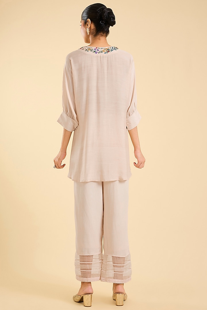 Ivory Cotton Silk Floral Embroidered Co-Ord Set by Kalista at Pernia's Pop Up Shop
