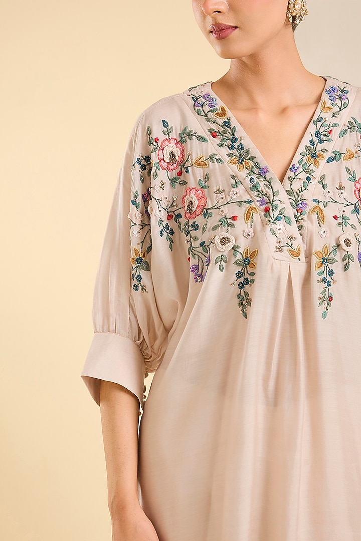 Ivory Cotton Silk Floral Embroidered Co-Ord Set by Kalista at Pernia's Pop Up Shop