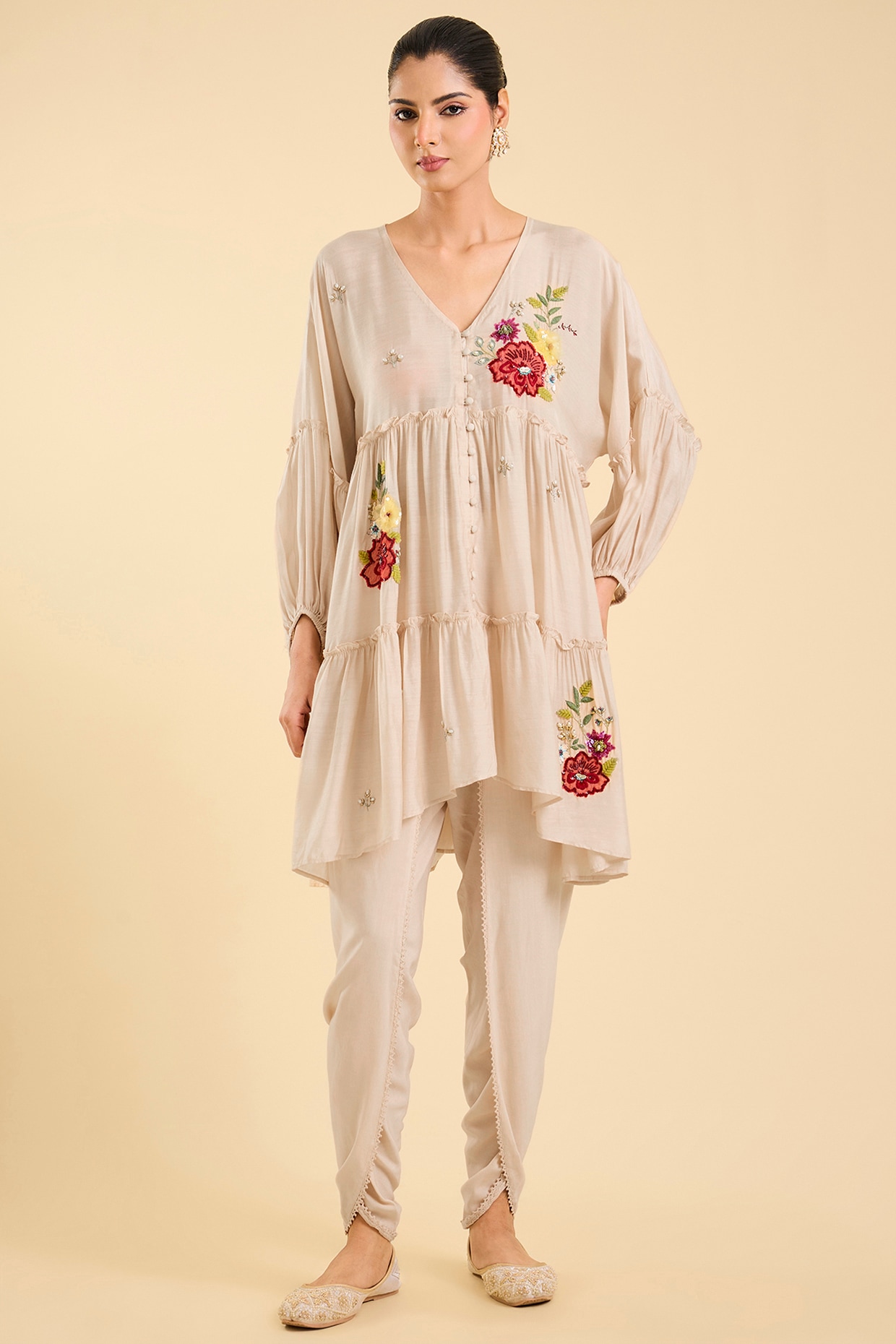 Kalista Ivory Cotton Silk Floral Embroidered Co-Ord Set