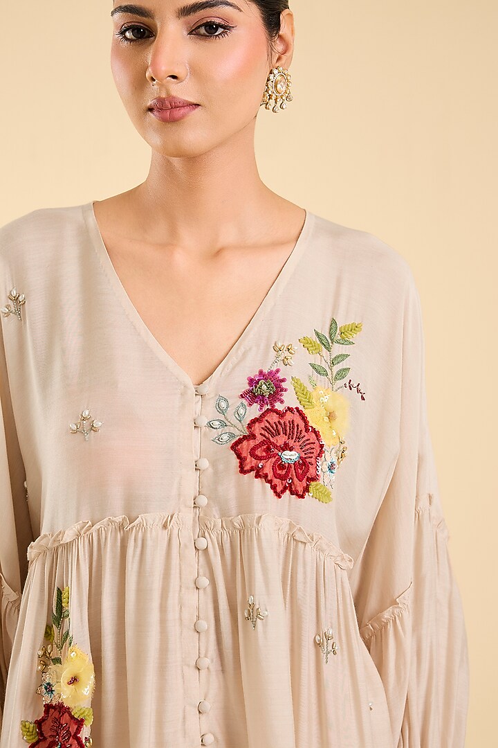 Ivory Cotton Silk Floral Embroidered Co-Ord Set by Kalista at Pernia's Pop Up Shop