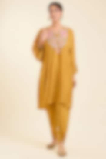 Yellow Viscose Silk Embroidered Kurta Set by Kalista at Pernia's Pop Up Shop